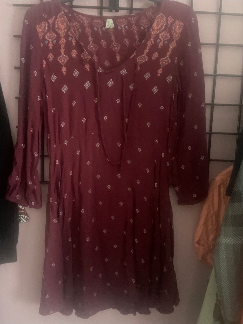 Mudd Maroon Boho Long-Sleeve Embroidered Dress